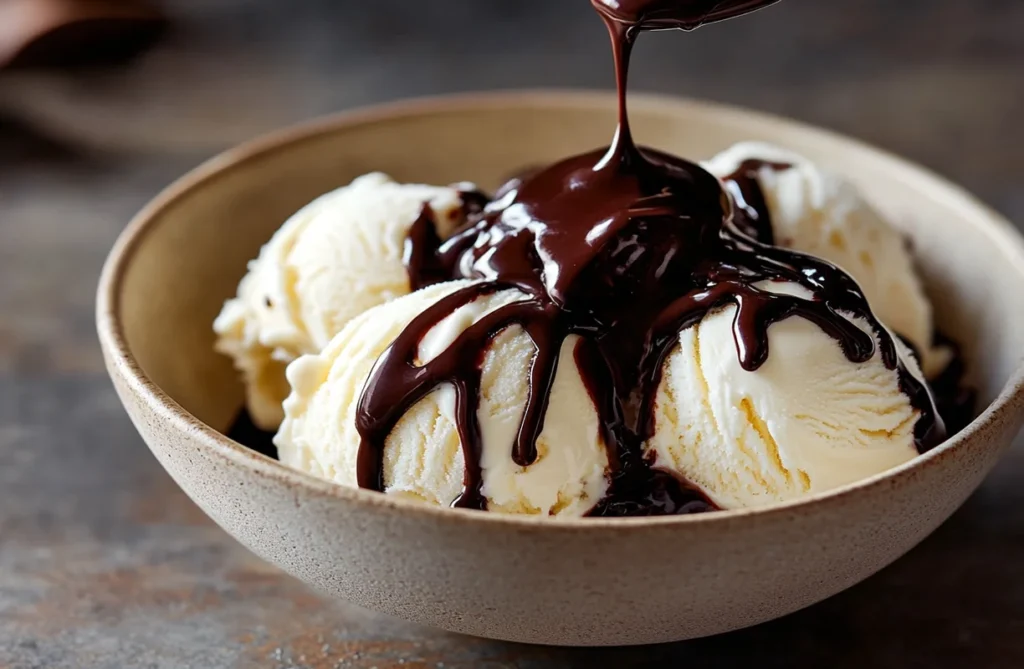 Chocolate syrup poured over vanilla ice cream, highlighting the difference in texture and use compared to chocolate sauce.