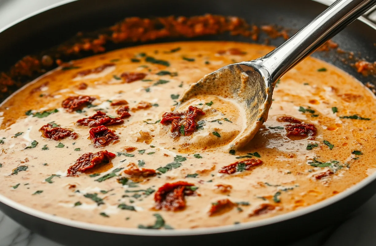 Marry Me Chicken sauce in a skillet, with creamy texture, sun-dried tomatoes, and fresh herbs, ready to coat tender chicken or pasta.