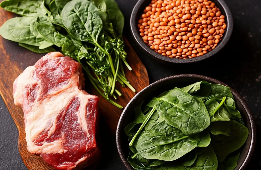 Close-up of fresh lamb, lentils, rice, and spinach for the Lamb Lentils Rice Spinach Recipe - Nutritious & Delicious.