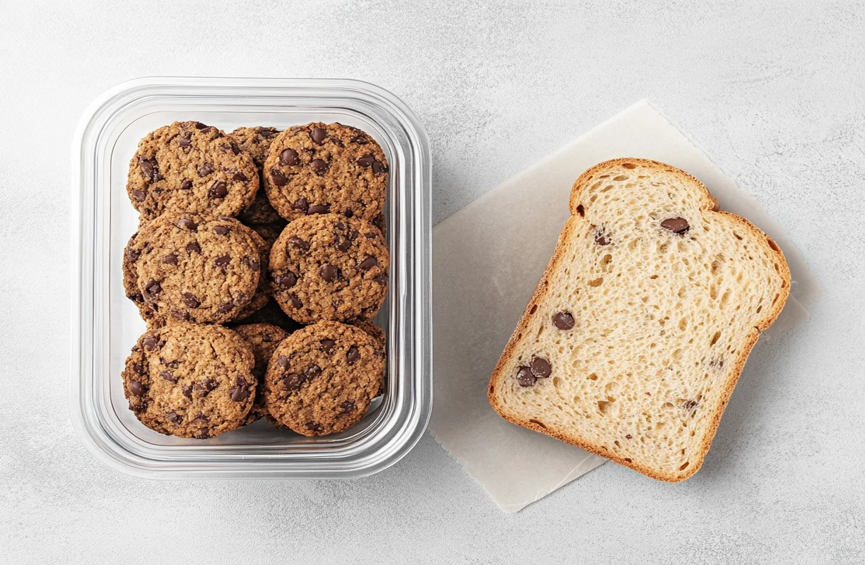 Airtight container filled with chocolate chip cookies and a slice of bread to maintain softness.