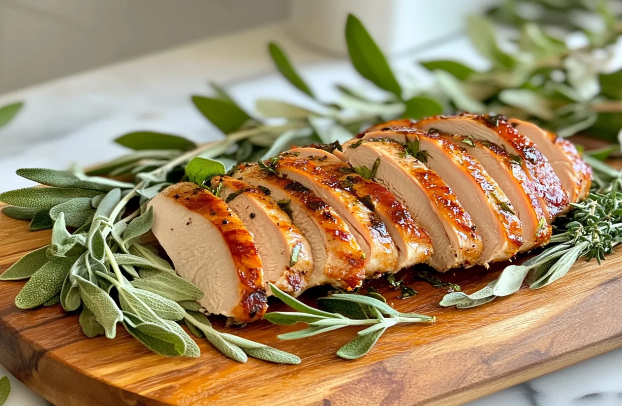 Sliced smoked turkey breast on a wooden board, garnished with fresh sage leaves.