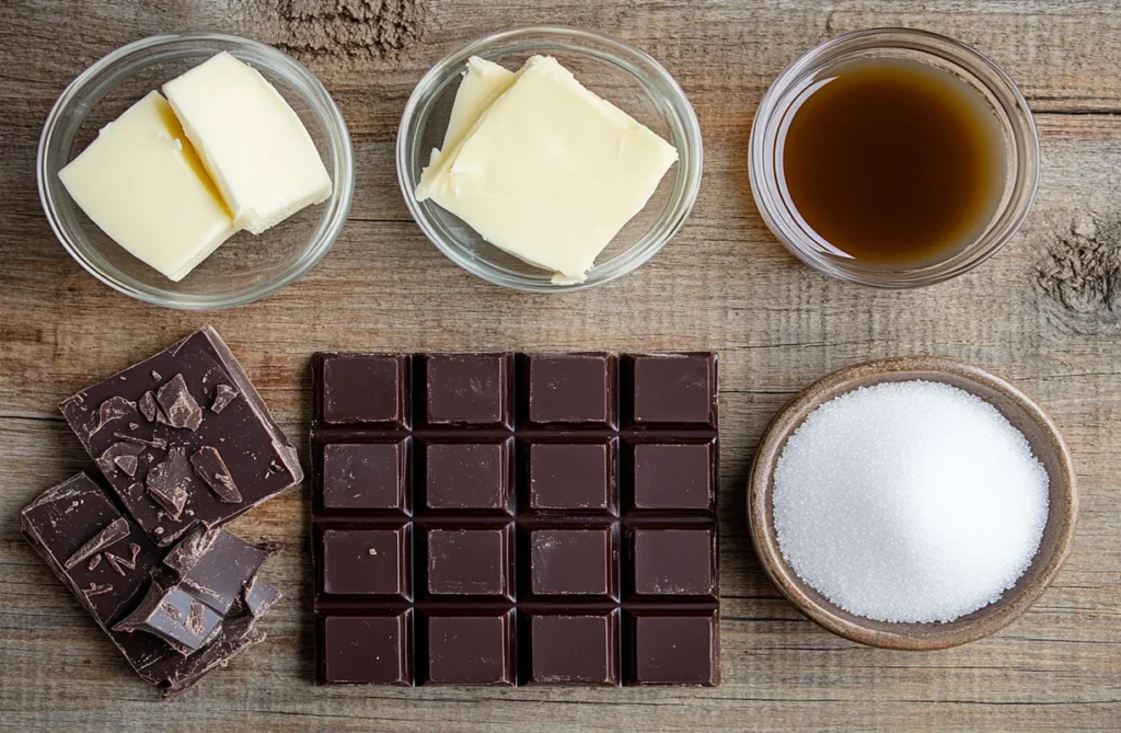 Ingredients for Black Label Chocolate Sauce Recipe Bulk Recipe, including chocolate, butter, sugar, and vanilla, displayed on a rustic wooden surface.