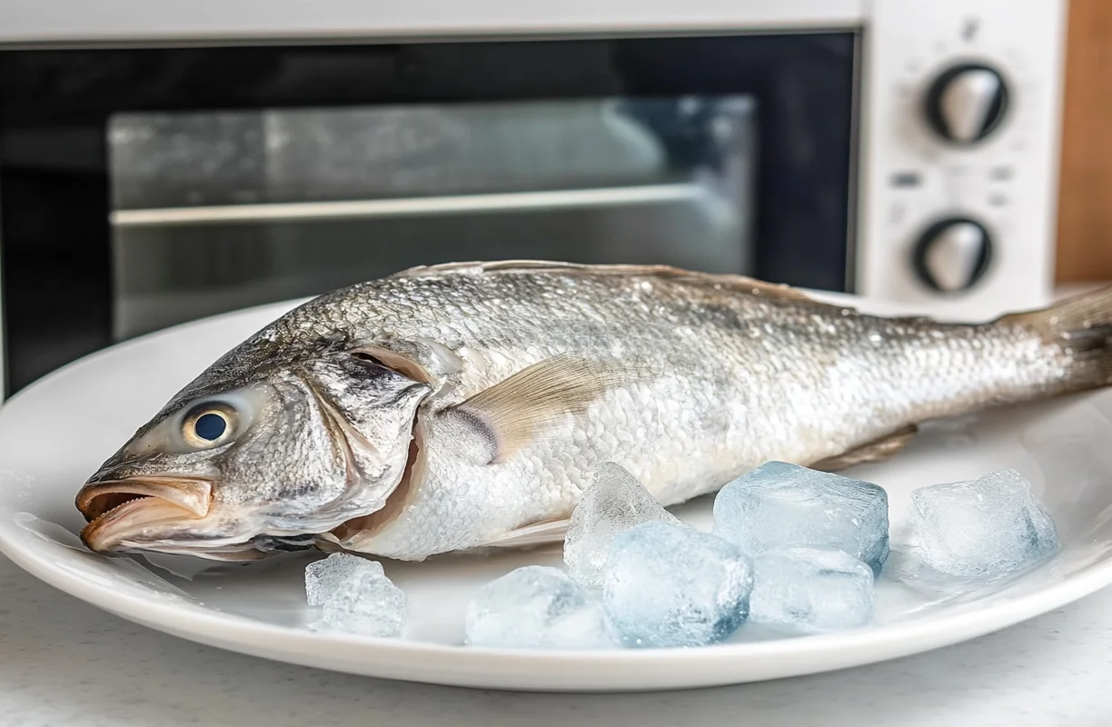 Frozen fish on a plate with ice cubes in front of a microwave, showing how to defrost Trader Joe's tilapia effectively.