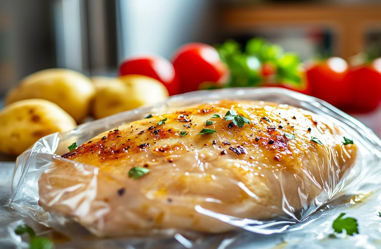 Smoked turkey breast wrapped to retain moisture, with fresh vegetables in the background, highlighting techniques to prevent drying out