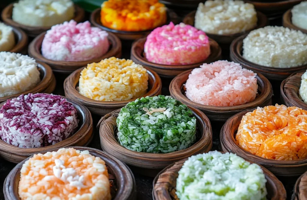 Vibrant traditional rice cakes made from rice and natural flavorings, arranged in wooden bowls, showcasing their diverse textures and colors.