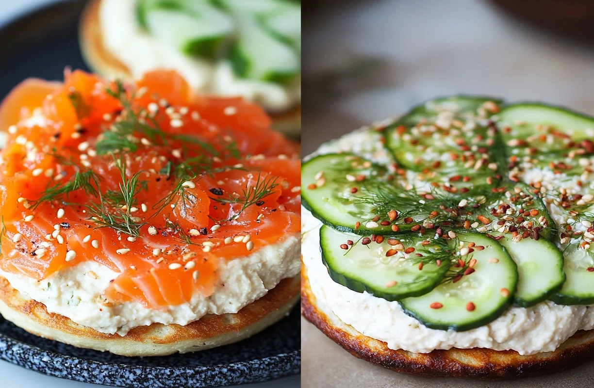 Two savory rice cakes topped with smoked salmon, dill, and sesame seeds, and cream cheese with cucumber slices and mixed seeds, illustrating what people put on rice cakes.