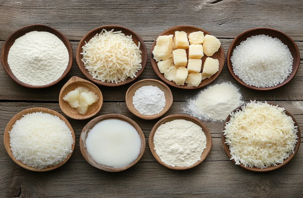 Ingredients for rice cake preparation, featuring bowls of rice, rice flour, coconut milk, and sugar, essential for crafting traditional and modern rice cakes.