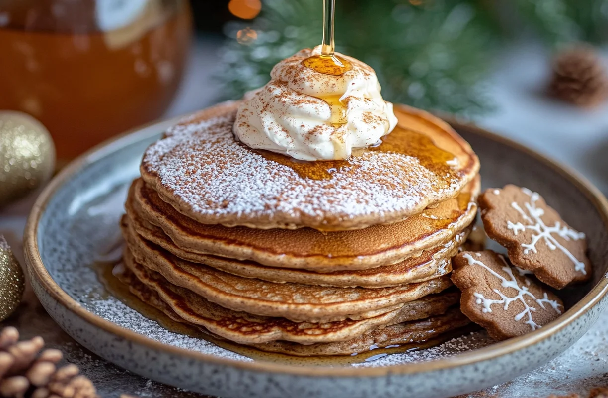 Stack of pancakes made with pancake mix Mary Berry style topped with cream and syrup.