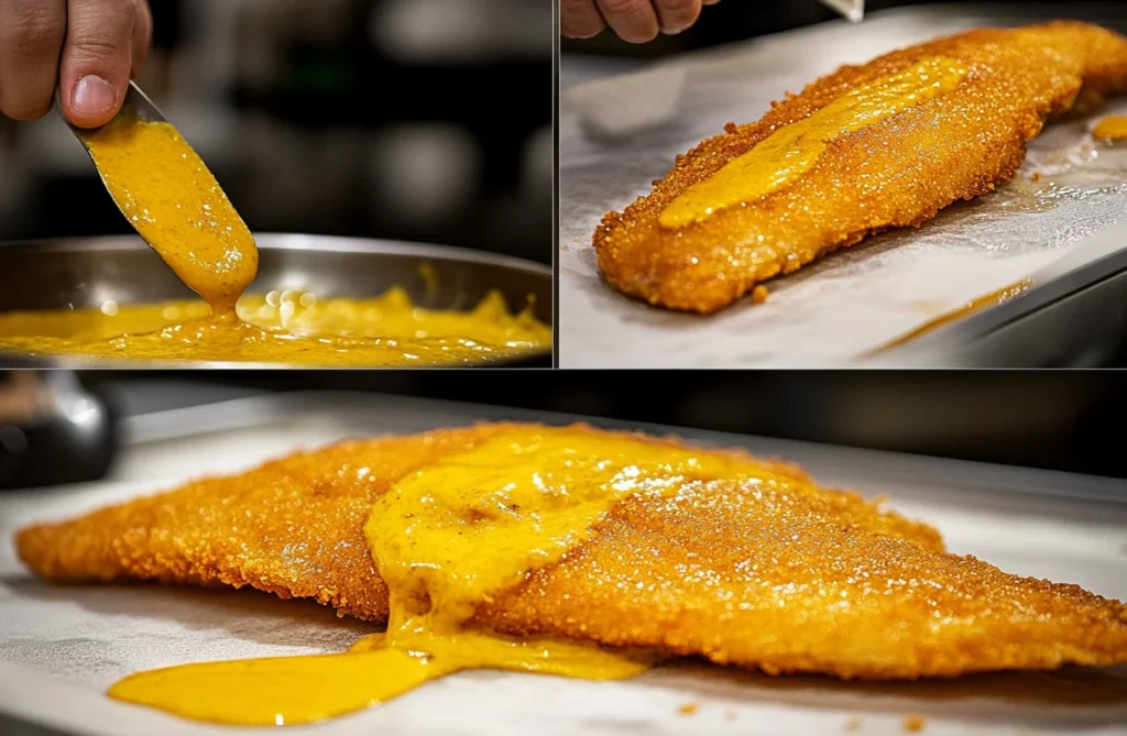 Close-up of mustard being spread on fish and fried to create a golden, crispy crust, showcasing why mustard is used before frying fish.