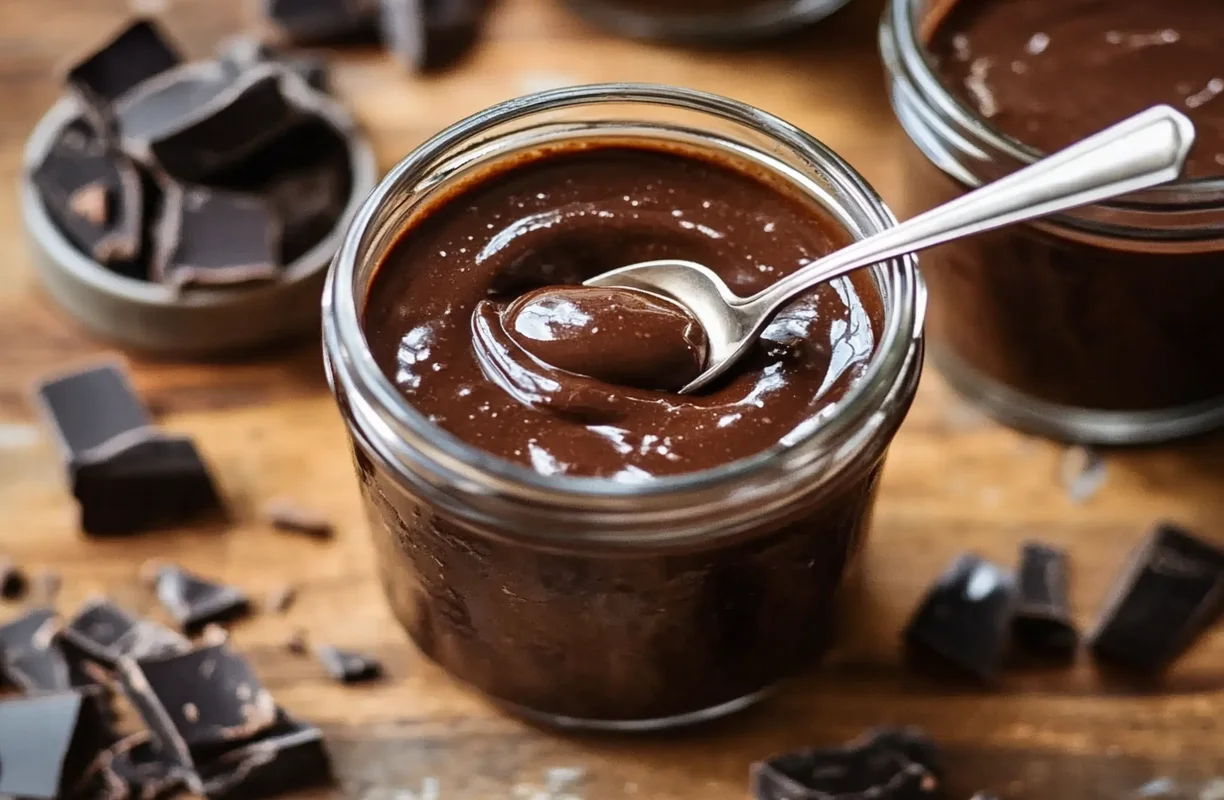 A jar filled with Black Label Chocolate Sauce for bulk recipe preparation, with chocolate chunks scattered around.