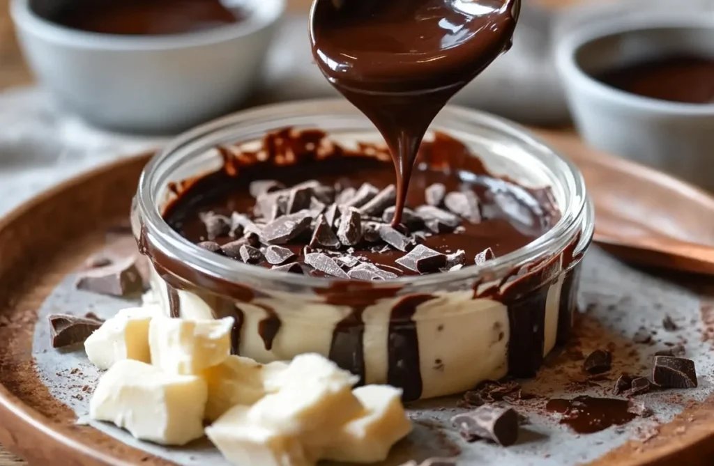 Black Label Chocolate Sauce drizzling over dessert for a bulk recipe, surrounded by chocolate chunks and butter.