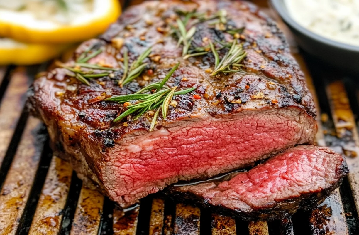 Grilled ribeye roast with a crispy crust, garnished with rosemary, and cooked to medium-rare.