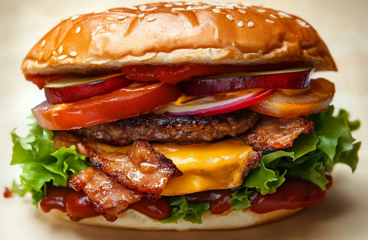 "Close-up of a burger with crispy beef bacon, lettuce, and tomato, highlighting its rich flavor and answering the question: 'Does Beef Bacon Taste Different?'"