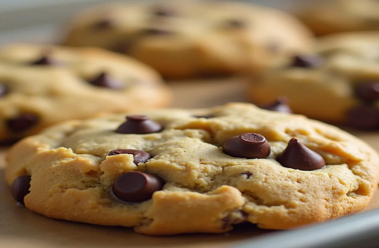 Freshly baked chocolate chip cookies on a baking sheet, illustrating the concept of cookie mass and weight in baking. Learn what affects the mass of a chocolate chip cookie in this detailed guide.