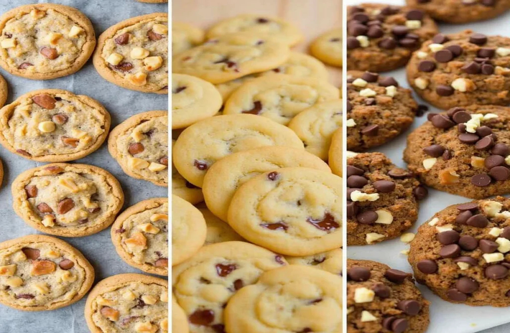 Variety of chocolate chip cookies, including soft, crispy, chewy, and stuffed options, illustrating how different recipes affect cookie mass and weight.