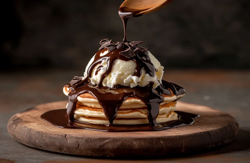 Drizzling chocolate sauce from Nigella’s recipe over pancakes and ice cream.