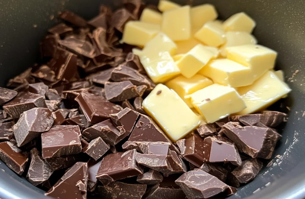 Chocolate and butter melting together for Nigella’s chocolate sauce recipe.