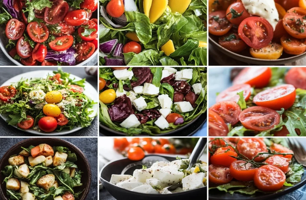 "Collage of Greek, Cobb, Niçoise, and Caprese salads, showcasing the diversity of the most famous salad world."
