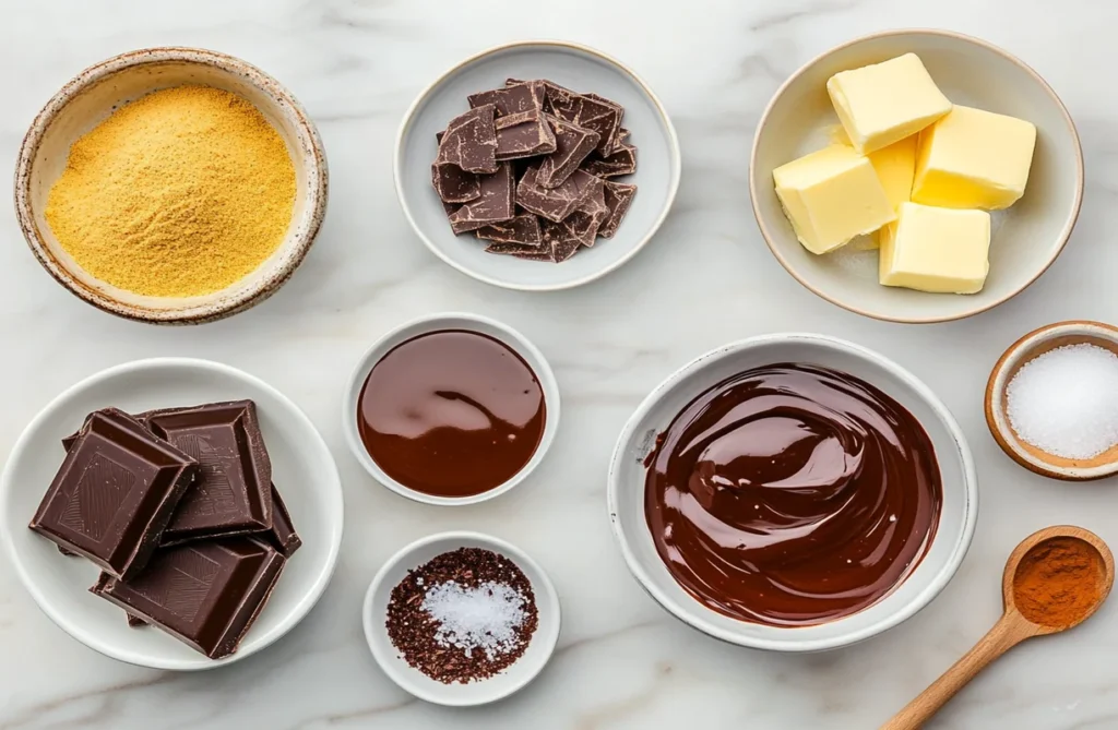 Ingredients for how to make chocolate sauce with Nigella, featuring chocolate, butter, sugar, cream, and salt.