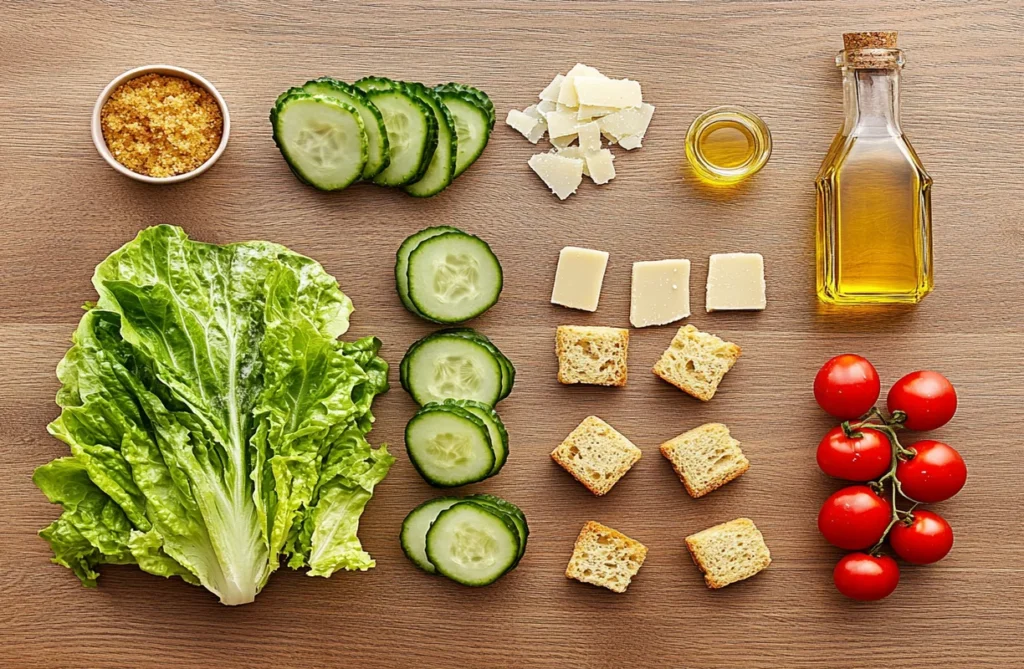 Fresh salad ingredients arranged neatly, representing the foundation of the most famous salad world.