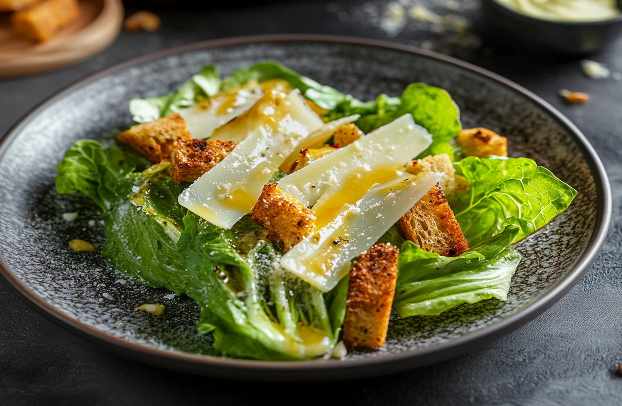 Classic Caesar salad with romaine lettuce, croutons, and Parmesan cheese, representing the most famous salad world