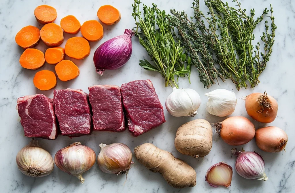  Fresh ingredients for stew, including beef, carrots, potatoes, and herbs, showcasing what-is-the-secret-to-good-stew starts with quality ingredients.