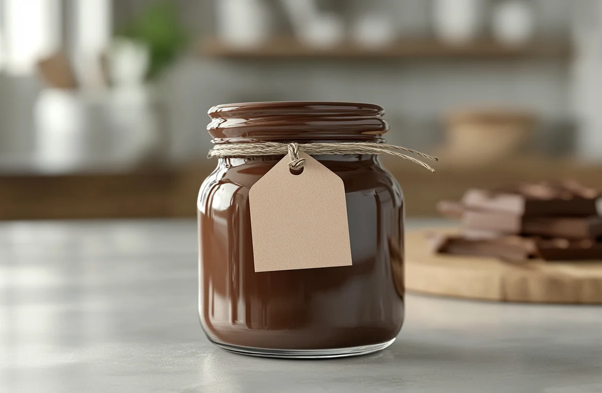 A glass jar filled with chocolate sauce from Nigella’s recipe, sealed with a tag, showcasing proper storage for how to make chocolate sauce with Nigella.