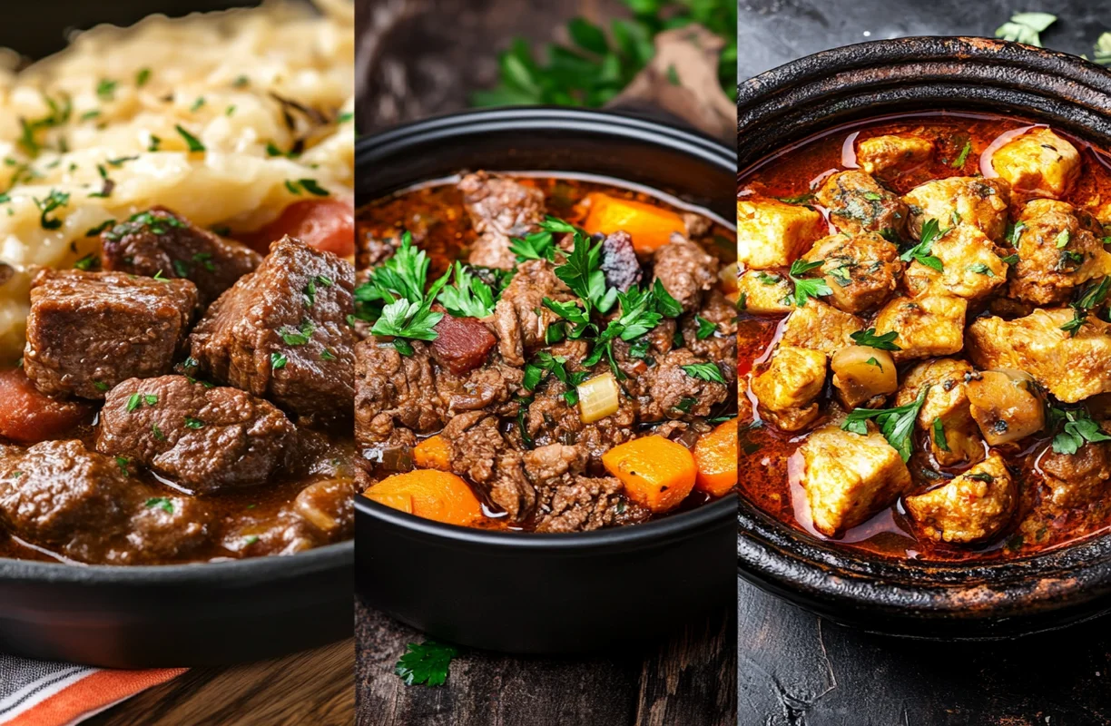 A collage of French beef bourguignon, Hungarian goulash, and Moroccan tagine, showcasing global stew variations and what-is-the-secret-to-good-stew.