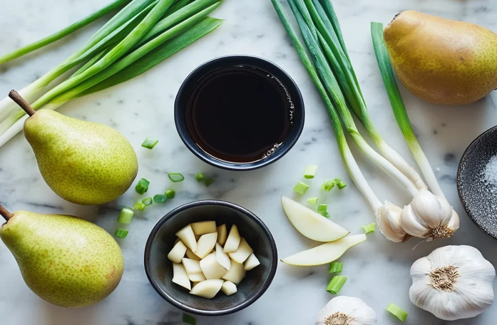 Key ingredients for kalbi and bulgogi marinade: soy sauce, garlic, sesame oil, and more.