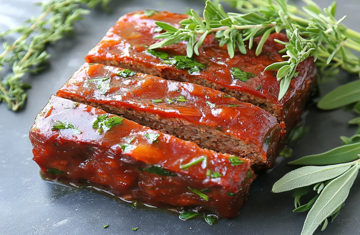 Glazed meatloaf slice with herb garnish, showcasing the traditional comfort of Ground Beef Recipes.