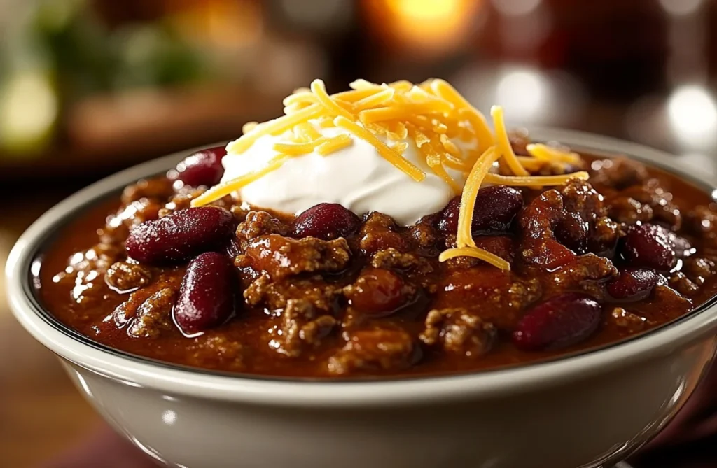 Bowl of hearty beef chili with toppings, ideal for game nights with Ground Beef Recipes.
