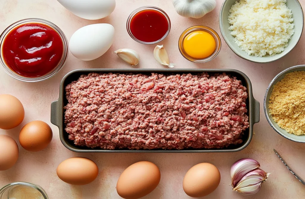 Ingredients for meatloaf including ground beef, breadcrumbs, eggs, onions, garlic, ketchup, and Worcestershire sauce on a kitchen-themed background for Ground Beef Recipes.