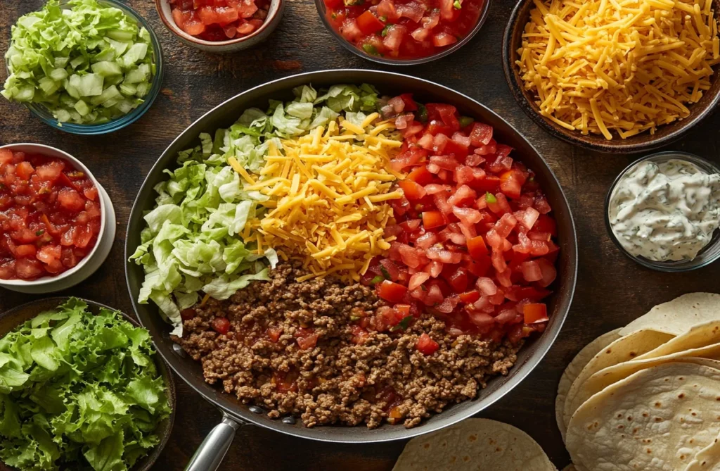 Taco setup with seasoned ground beef and various toppings, inviting for Ground Beef Recipes enthusiasts.